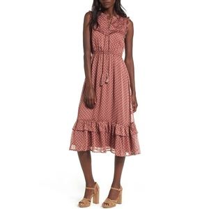 Moon River Polka Dot Ruffled Midi Dress